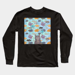 The fish thief - cute cat aqua pattern Long Sleeve T-Shirt